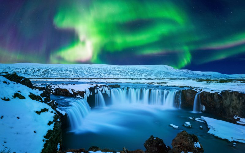 Northern Light, Aurora borealis at Godafoss waterfall in winter